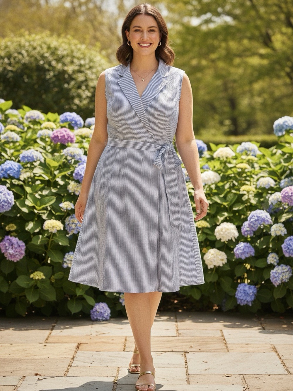 ANNE KLEIN Blue & White Striped Seersucker Sleeveless Wrap Dress
Size 18W